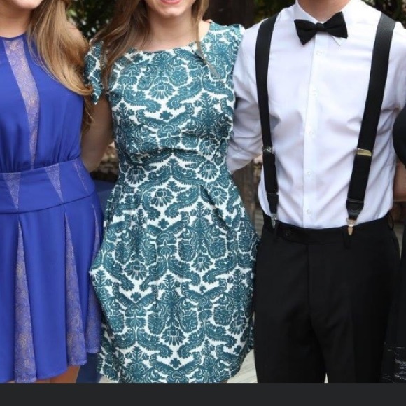 Teal Patterned Puff Sleeve Dress with Pockets - Picture 3 of 7